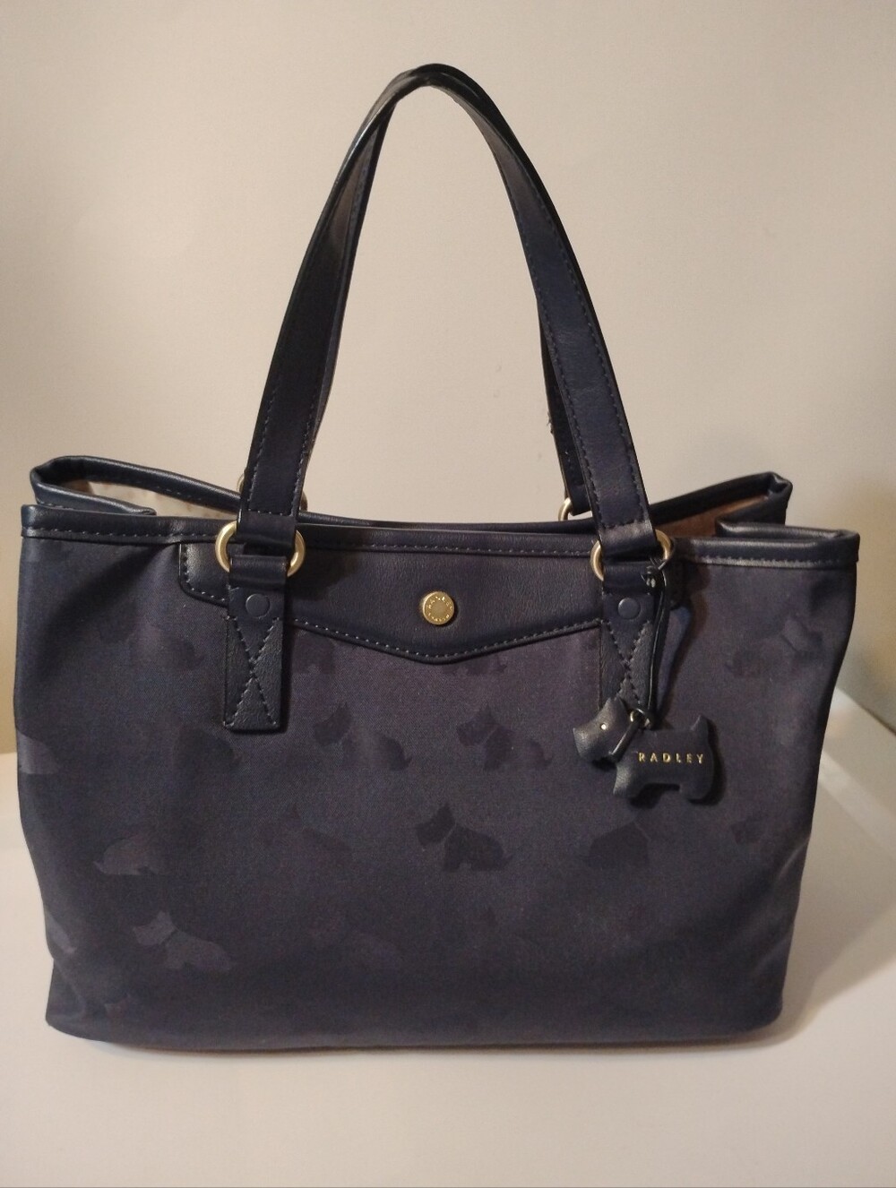 Radley London Navy Blue Jacquard Scottie Dog Tote Bag with Leather Charm - Med